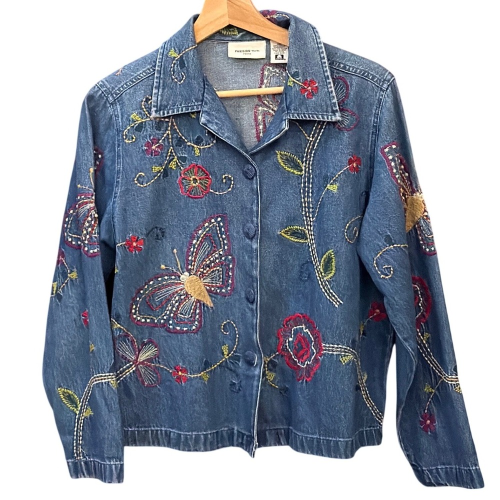 Vintage Parisian Works Denim Jacket Butterfly Floral Boho Cottagecore Whimsical